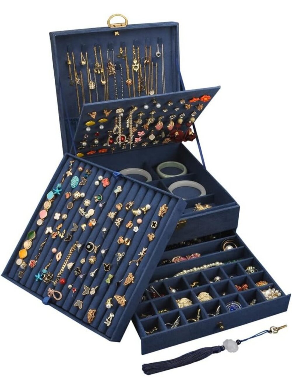 5-Layer Velvet Jewelry Organizer Box for Necklaces, Earrings & Bangles - Large
